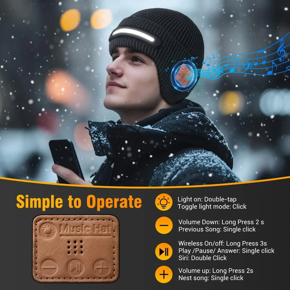 Wewow Unisex Black Bluetooth Beanie Light USB Rechargeable Warm Knitted ONE SZ
